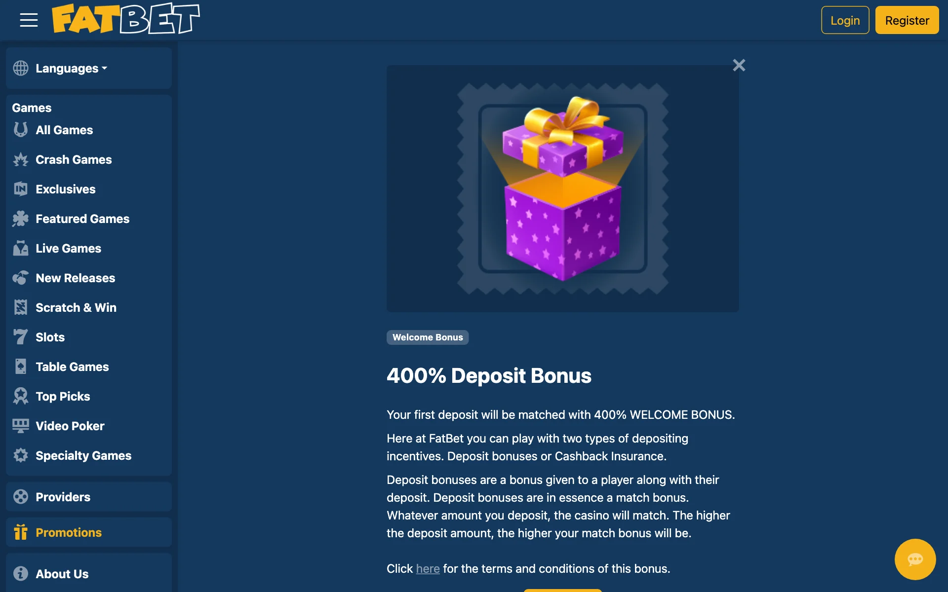 FatBet 400% first deposit offer card
