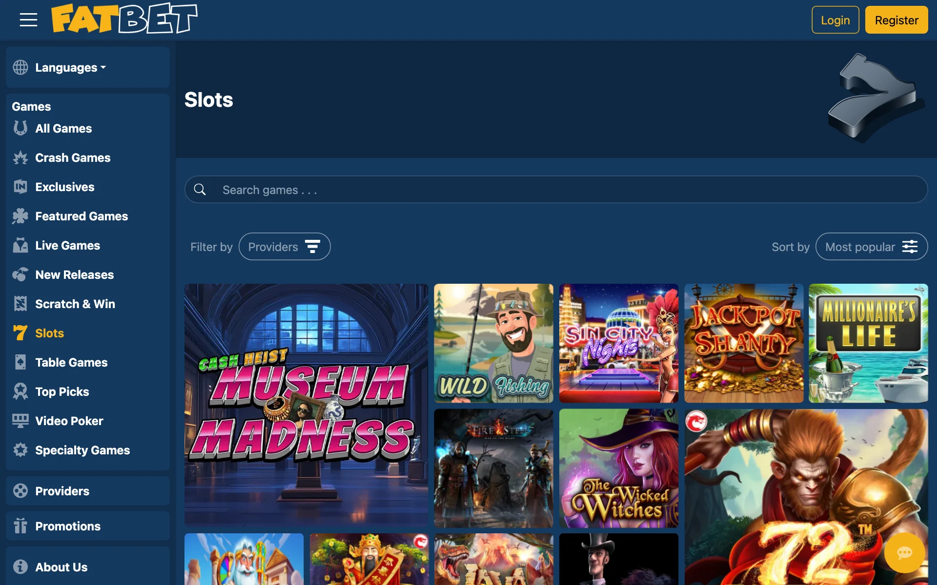 FatBet slots lobby with the provider filter and game tiles