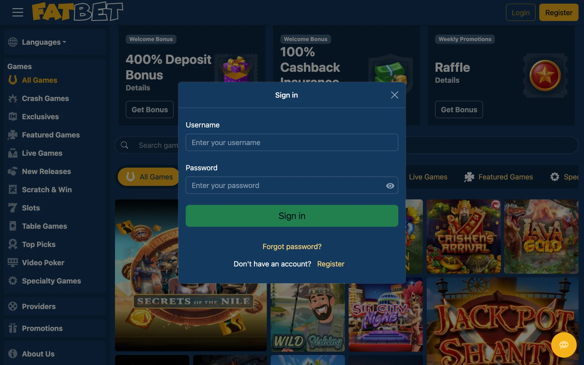 FatBet sign-in window with username and password fields